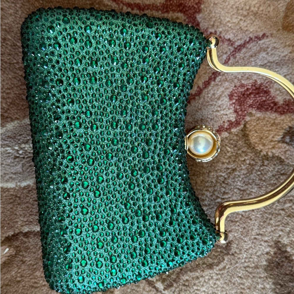 Emerald Crystal Evening Clutch with Pearl-Accent Frame